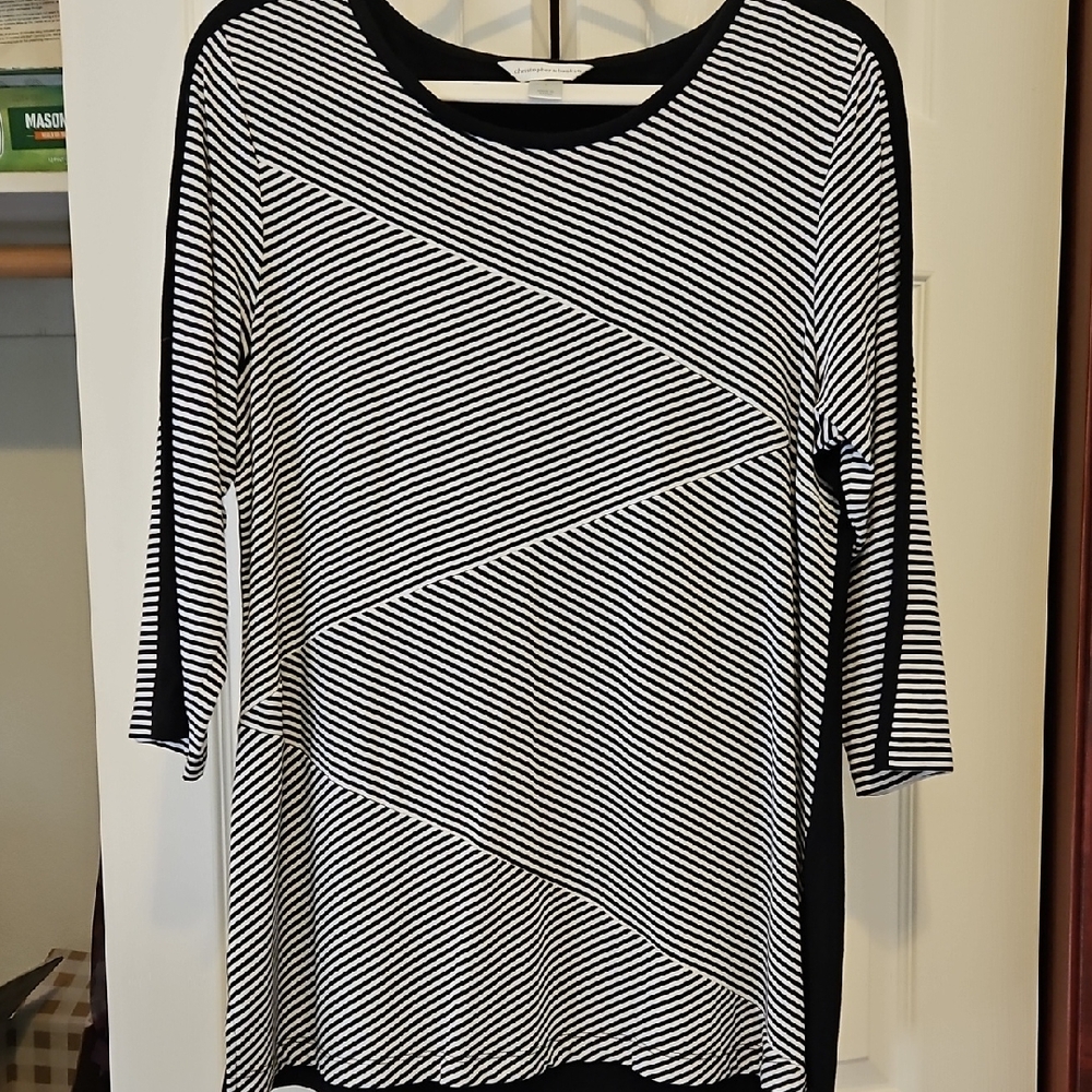 Slimming Christopher & Banks Black and White Diagonal Stripe Long Sleeve Top.